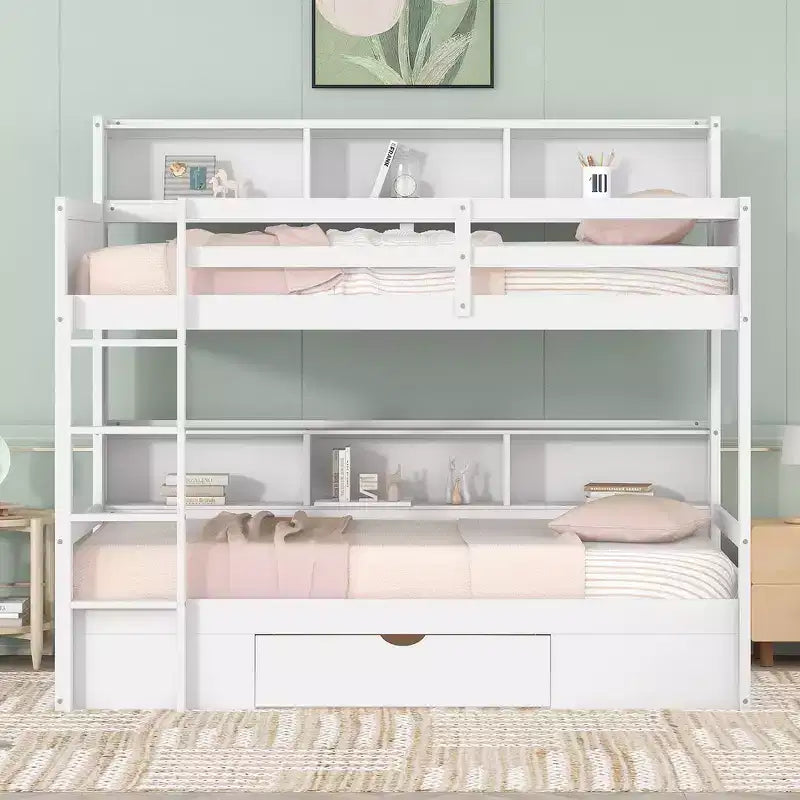 Whisen Twin Size Bunk Bed with Built-in Shelves Beside both Upper and Down Bed and Storage Drawer
