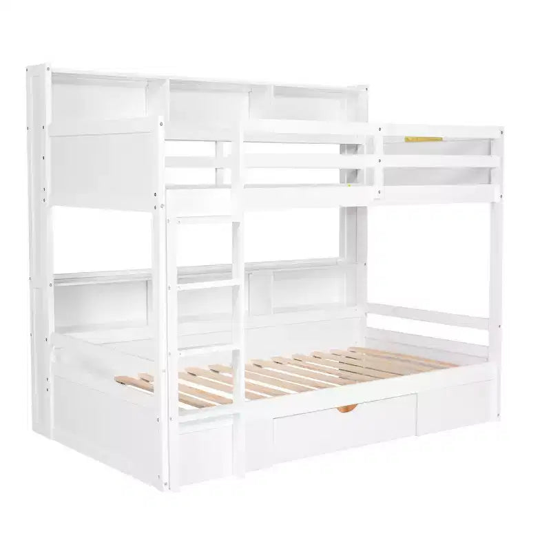 Whisen Twin Size Bunk Bed with Built-in Shelves Beside both Upper and Down Bed and Storage Drawer
