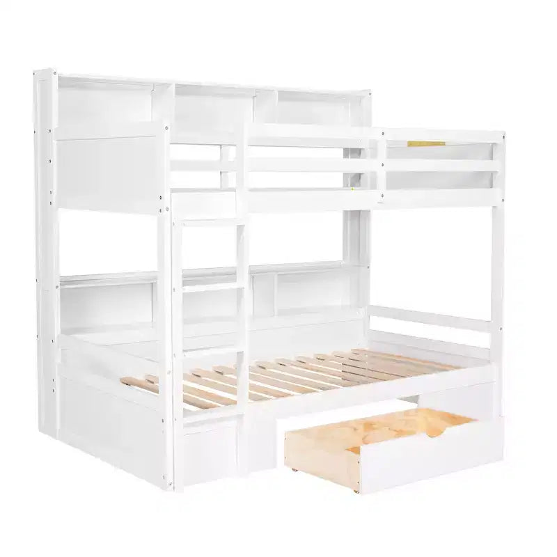 Whisen Twin Size Bunk Bed with Built-in Shelves Beside both Upper and Down Bed and Storage Drawer
