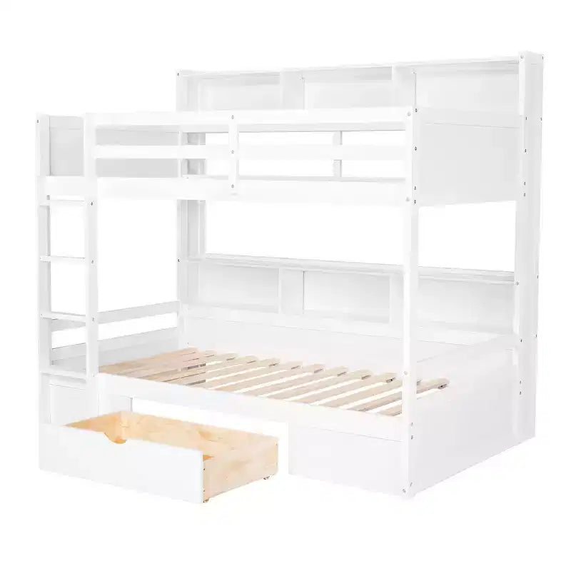 Whisen Twin Size Bunk Bed with Built-in Shelves Beside both Upper and Down Bed and Storage Drawer