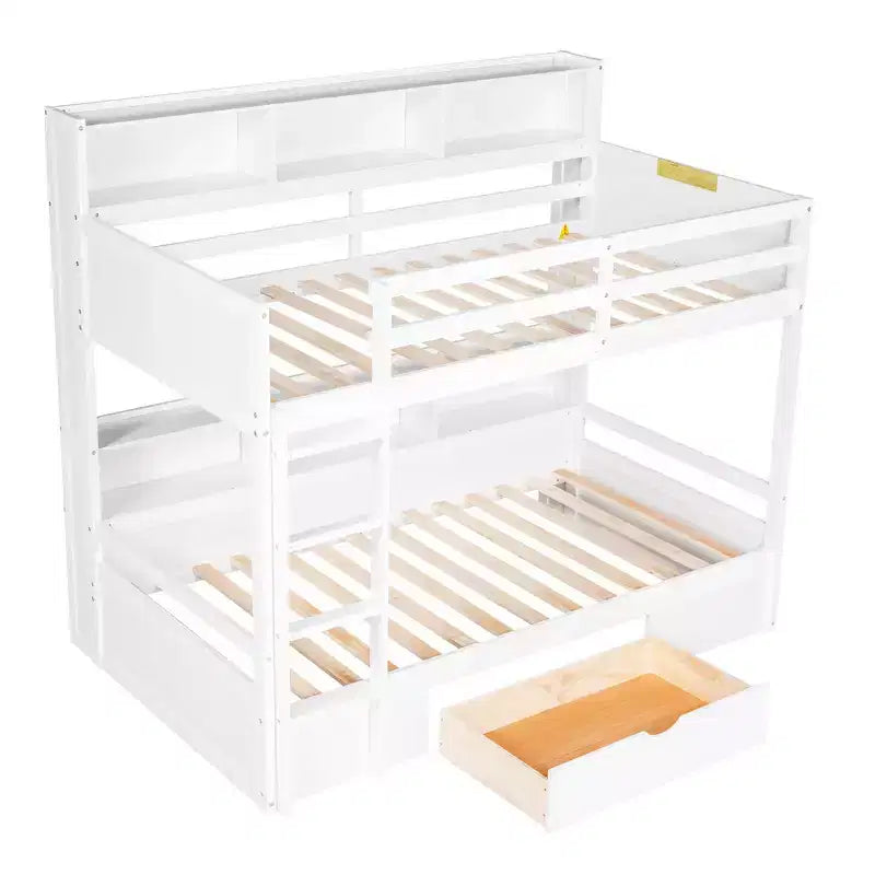 Whisen Twin Size Bunk Bed with Built-in Shelves Beside both Upper and Down Bed and Storage Drawer