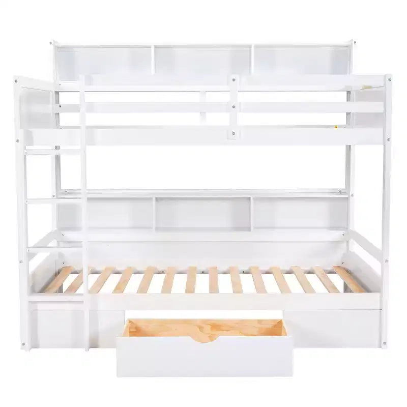Whisen Twin Size Bunk Bed with Built-in Shelves Beside both Upper and Down Bed and Storage Drawer