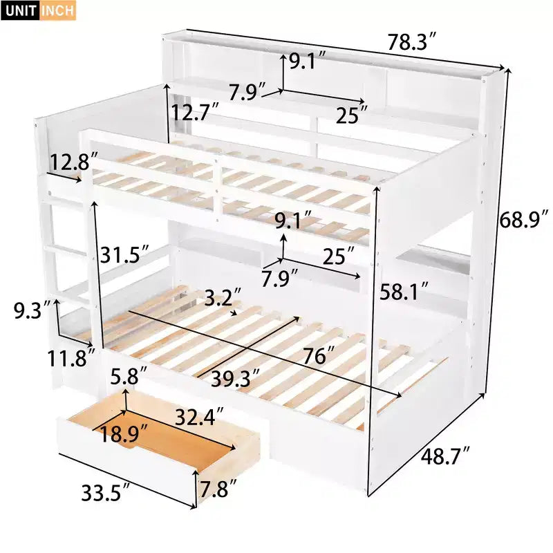 Whisen Twin Size Bunk Bed with Built-in Shelves Beside both Upper and Down Bed and Storage Drawer