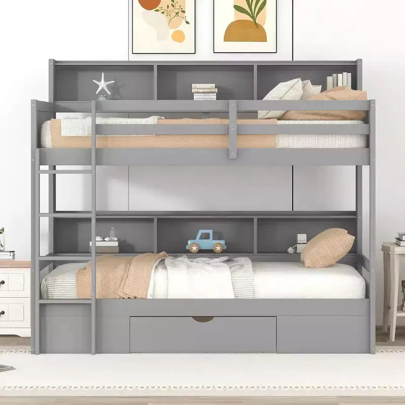 Whisen Twin Size Bunk Bed with Built-in Shelves Beside both Upper and Down Bed and Storage Drawer