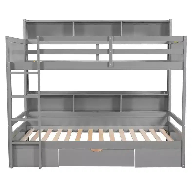 Whisen Twin Size Bunk Bed with Built-in Shelves Beside both Upper and Down Bed and Storage Drawer