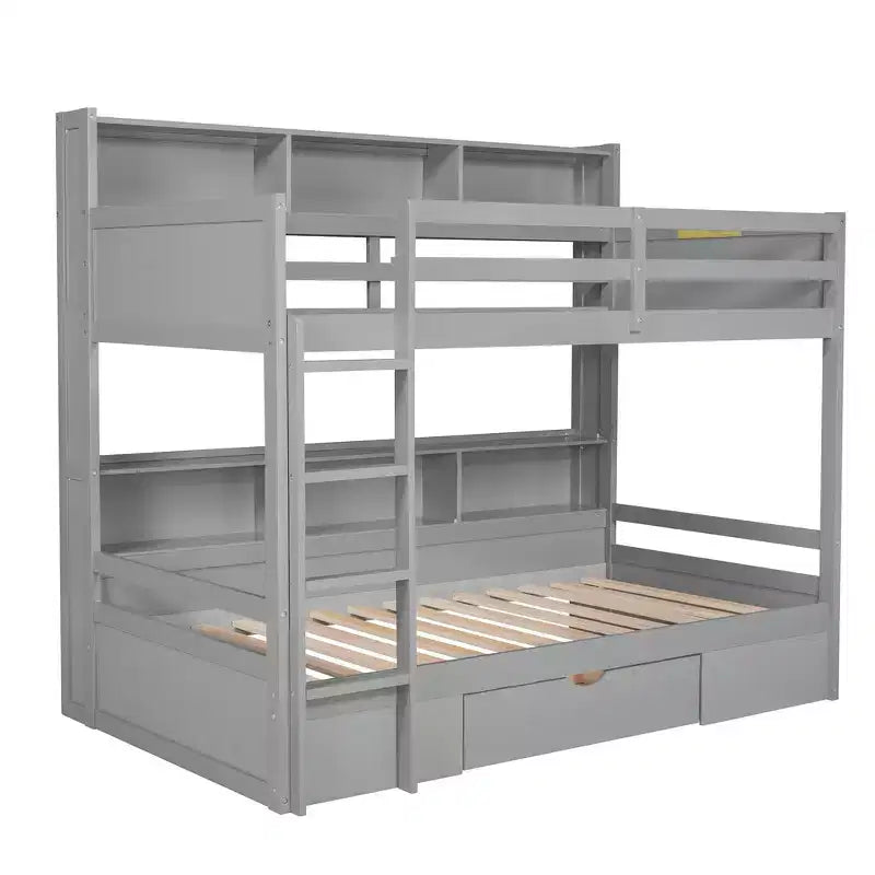 Whisen Twin Size Bunk Bed with Built-in Shelves Beside both Upper and Down Bed and Storage Drawer