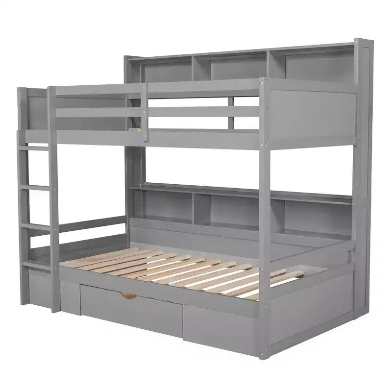Whisen Twin Size Bunk Bed with Built-in Shelves Beside both Upper and Down Bed and Storage Drawer