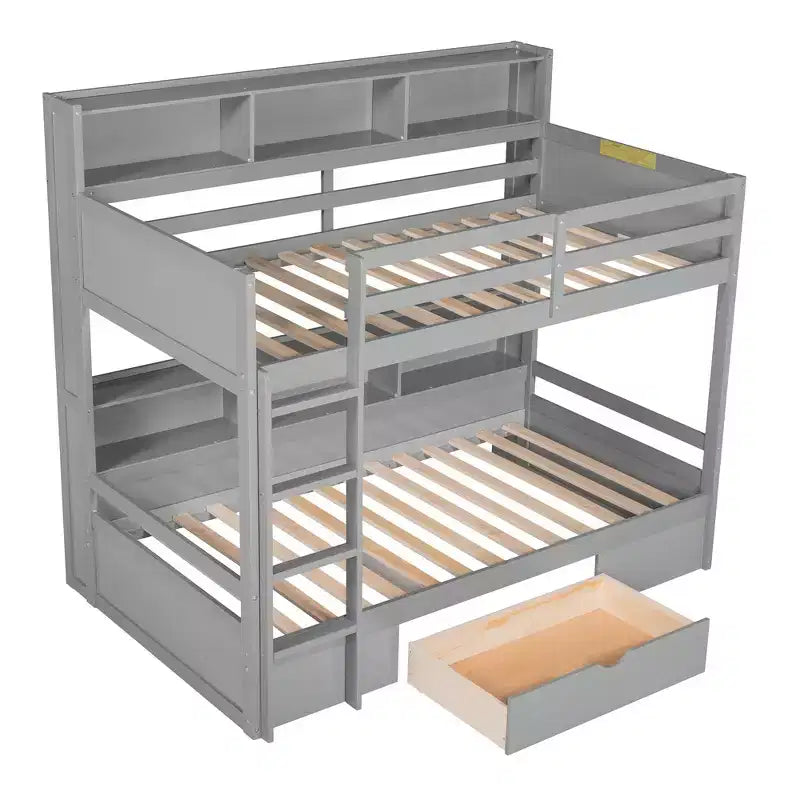 Whisen Twin Size Bunk Bed with Built-in Shelves Beside both Upper and Down Bed and Storage Drawer