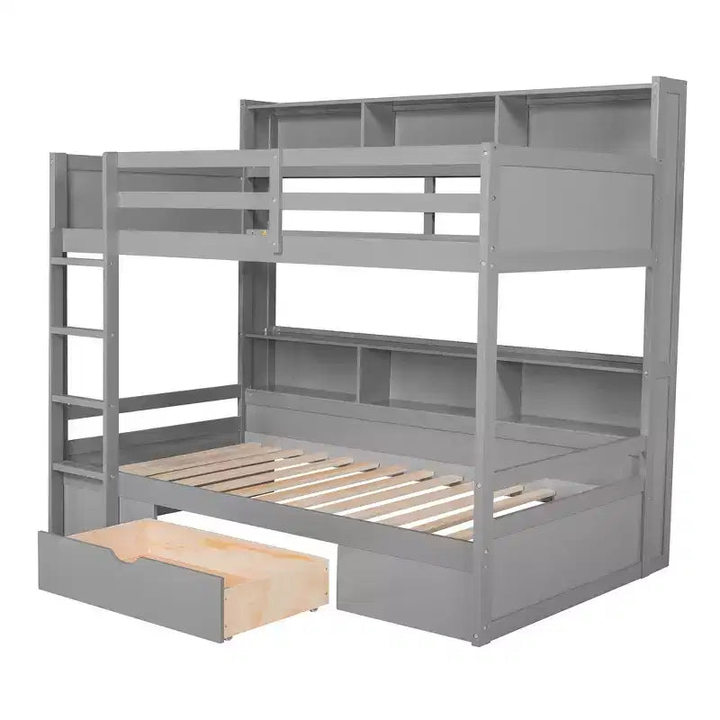 Whisen Twin Size Bunk Bed with Built-in Shelves Beside both Upper and Down Bed and Storage Drawer