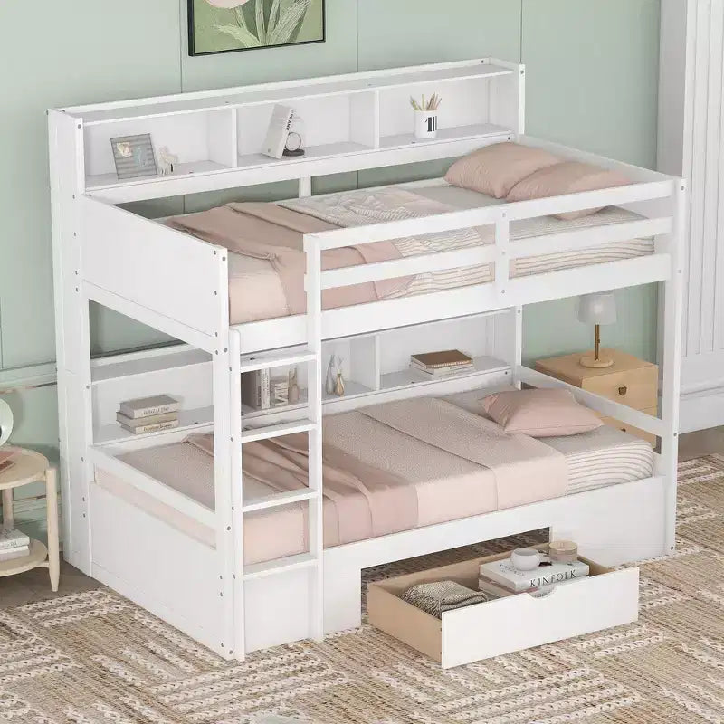 Whisen Twin Size Bunk Bed with Built-in Shelves Beside both Upper and Down Bed and Storage Drawer