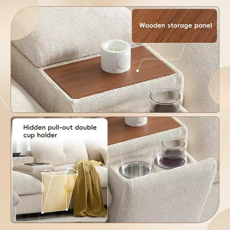 142'' Modular U-Shaped Sectional Sofa with Storage Ottoman Console USB Charger Wide Seats Chenille Upholstery 6-Seater for Living Room Apartment