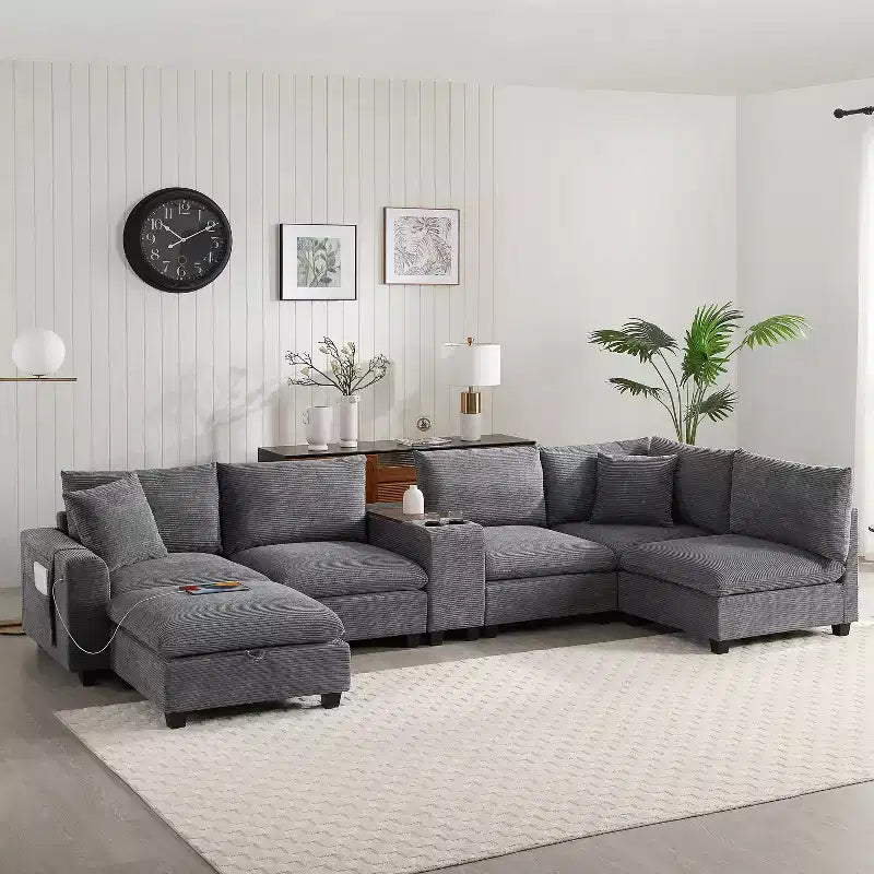 142'' Modular U-Shaped Sectional Sofa with Storage Ottoman Console USB Charger Wide Seats Chenille Upholstery 6-Seater for Living Room Apartment