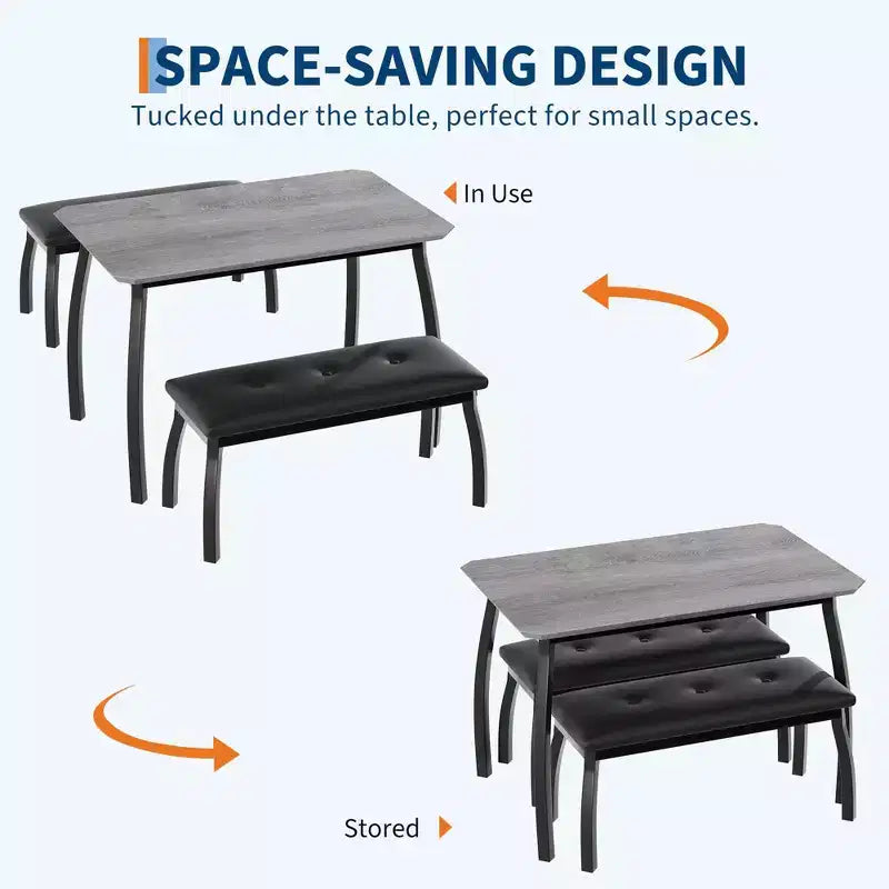 Ensemble table à manger pour 4 personnes, avec 2 bancs rembourrés