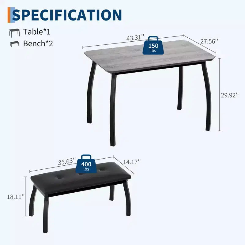 Ensemble table à manger pour 4 personnes, avec 2 bancs rembourrés