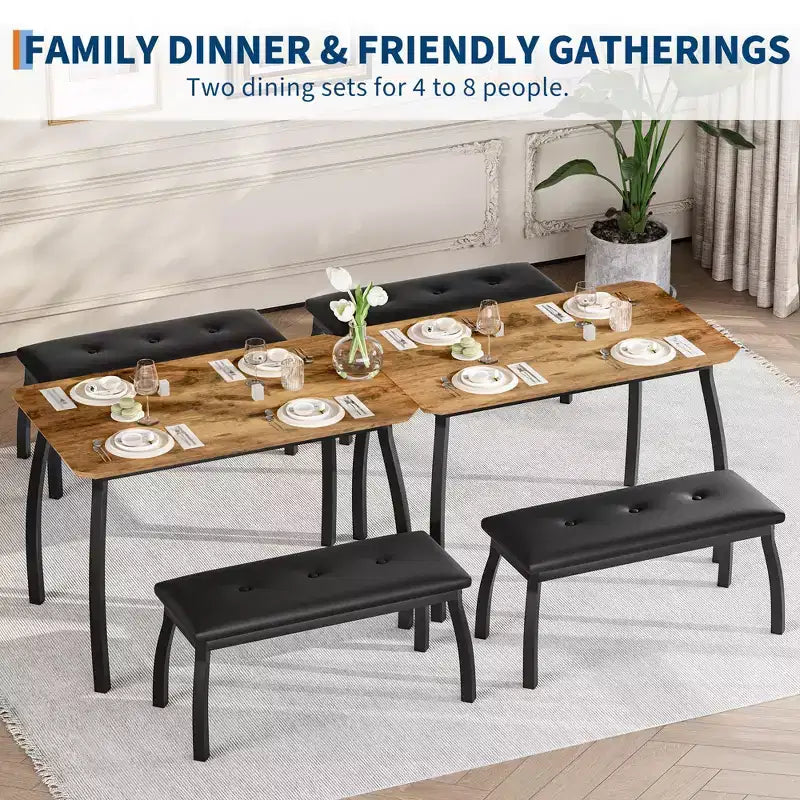 Ensemble table à manger pour 4 personnes, avec 2 bancs rembourrés