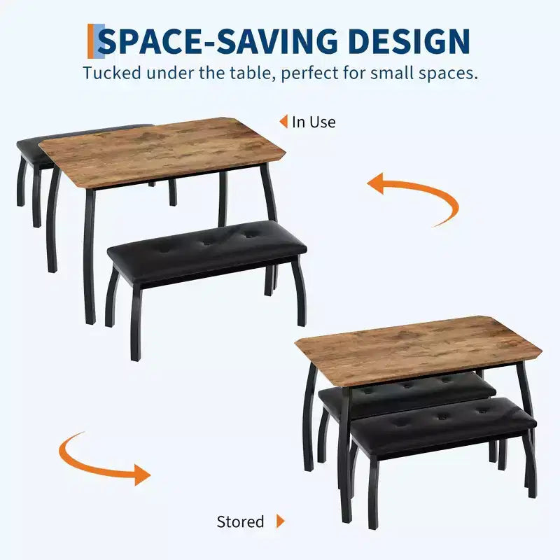 Ensemble table à manger pour 4 personnes, avec 2 bancs rembourrés