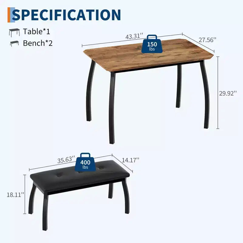 Ensemble table à manger pour 4 personnes, avec 2 bancs rembourrés