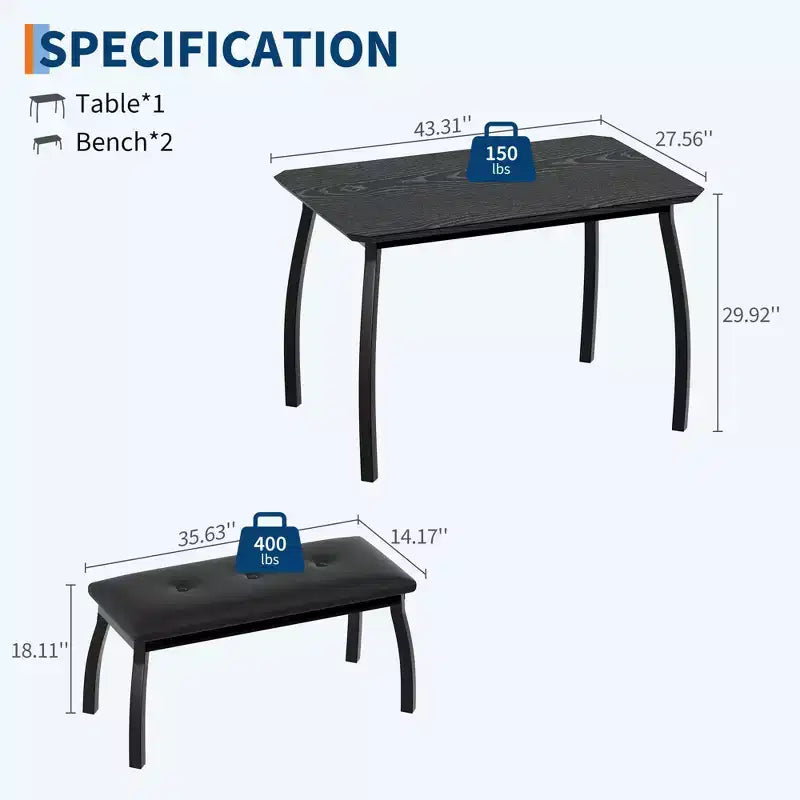 Ensemble table à manger pour 4 personnes, avec 2 bancs rembourrés