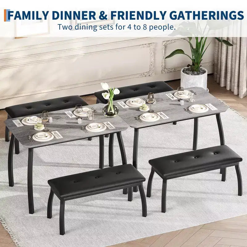 Ensemble table à manger pour 4 personnes, avec 2 bancs rembourrés