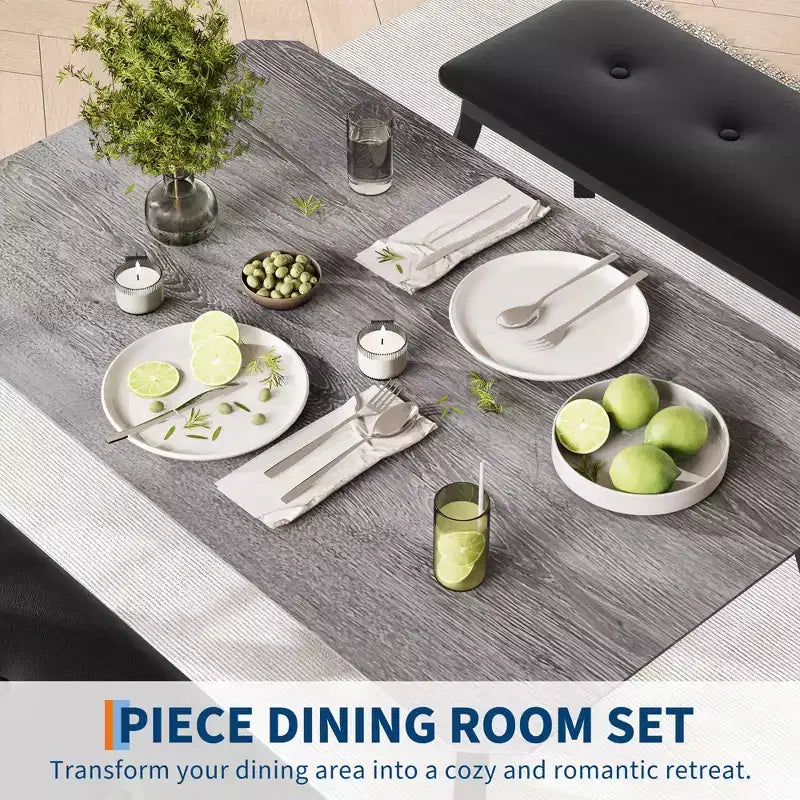 Ensemble table à manger pour 4 personnes, avec 2 bancs rembourrés