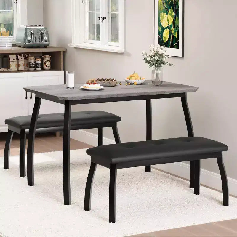 Ensemble table à manger pour 4 personnes, avec 2 bancs rembourrés