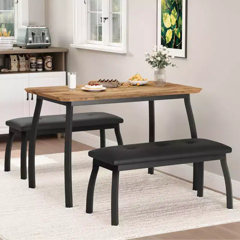 Ensemble table à manger pour 4 personnes, avec 2 bancs rembourrés