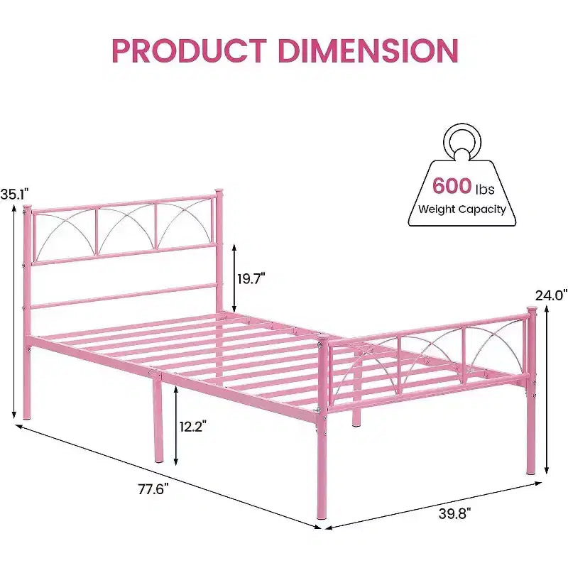 Acekool Twin Metal Bed - Pink with Headboard & Storage