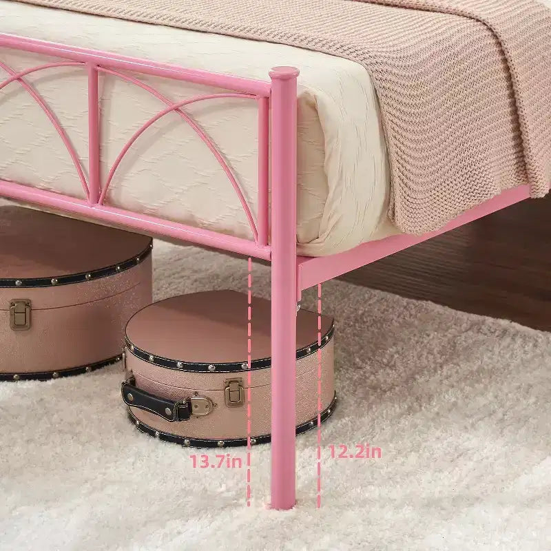 Acekool Twin Metal Bed - Pink with Headboard & Storage