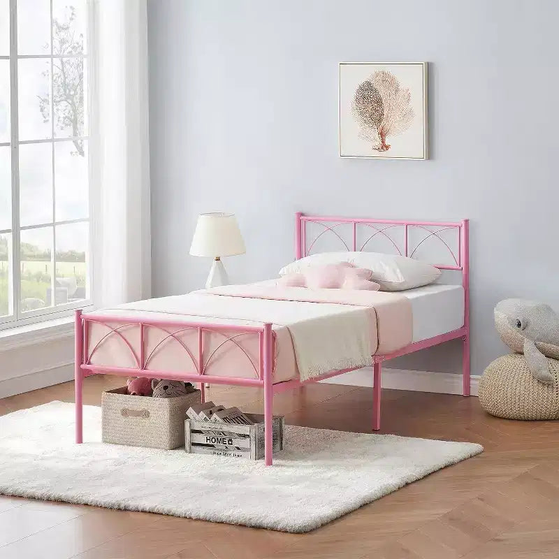 Acekool Twin Metal Bed - Pink with Headboard & Storage