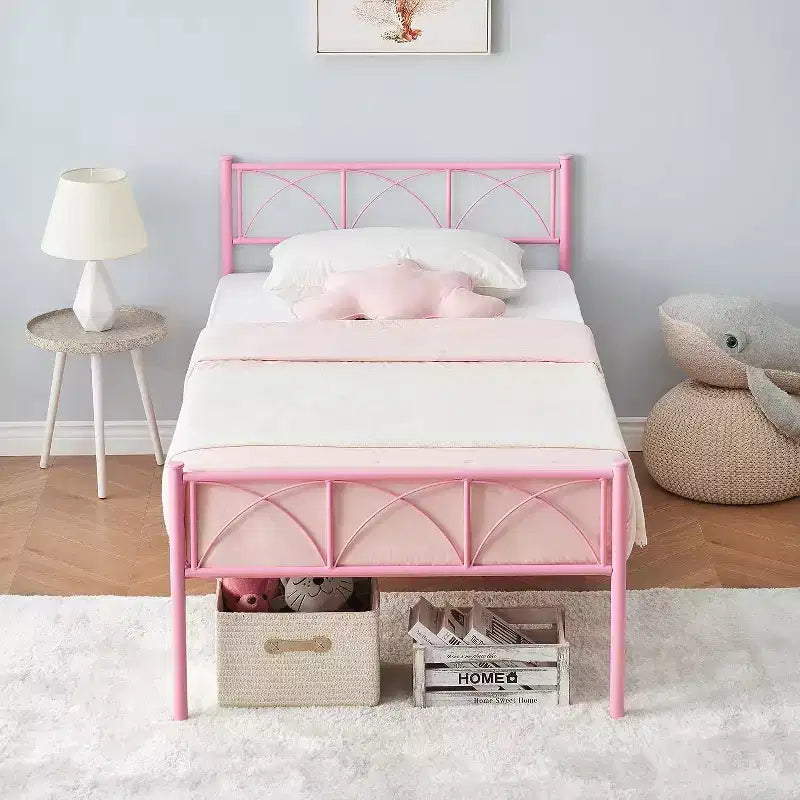 Lit double en métal Acekool - Rose avec tête de lit et rangement
