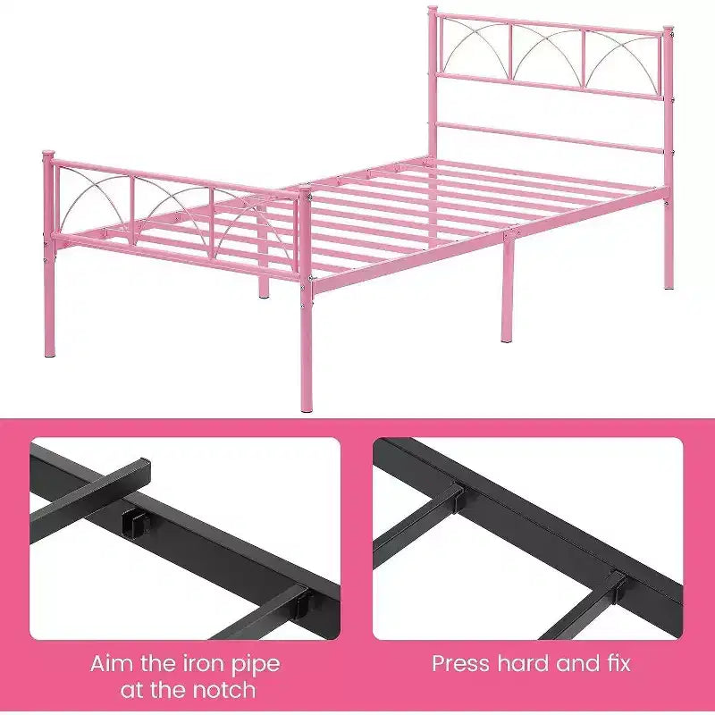 Lit double en métal Acekool - Rose avec tête de lit et rangement