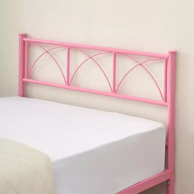 Lit double en métal Acekool - Rose avec tête de lit et rangement