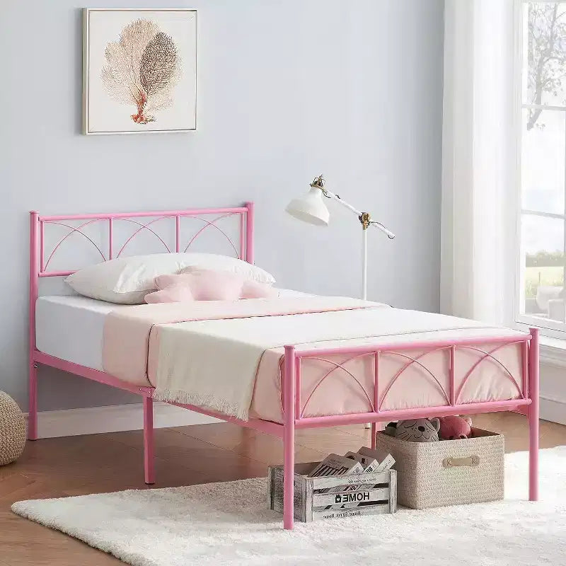 Acekool Twin Metal Bed - Pink with Headboard & Storage