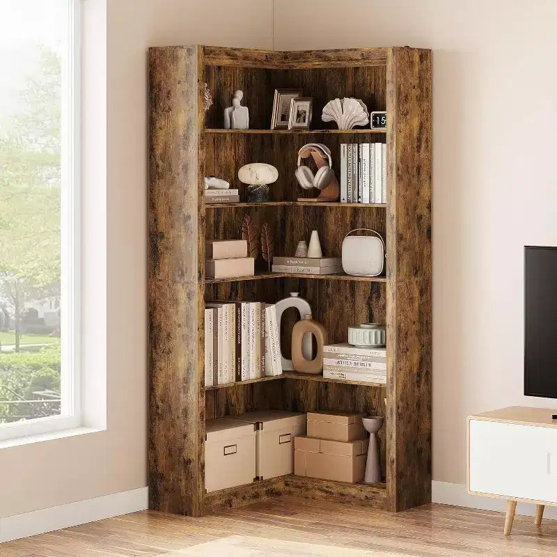 Acekool Corner Bookshelf, 71.8 Tall L-Shaped 5-Tier Bookcase, Farmhouse Display Shelf, Large Heavy Duty Storage for Living Room, Office