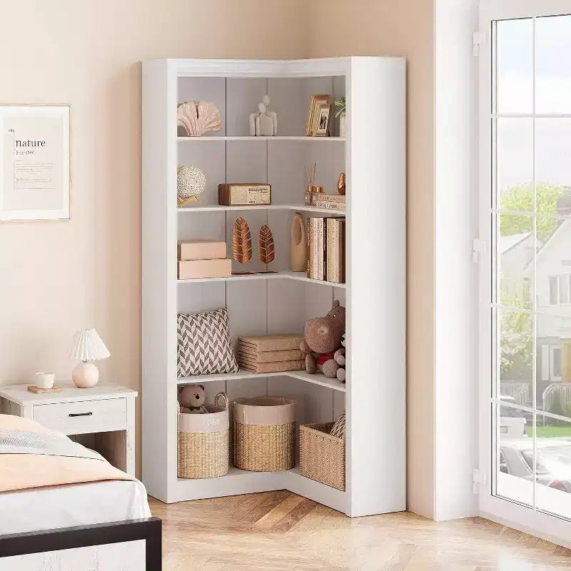 Acekool Corner Bookshelf, 71.8 Tall L-Shaped 5-Tier Bookcase, Farmhouse Display Shelf, Large Heavy Duty Storage for Living Room, Office