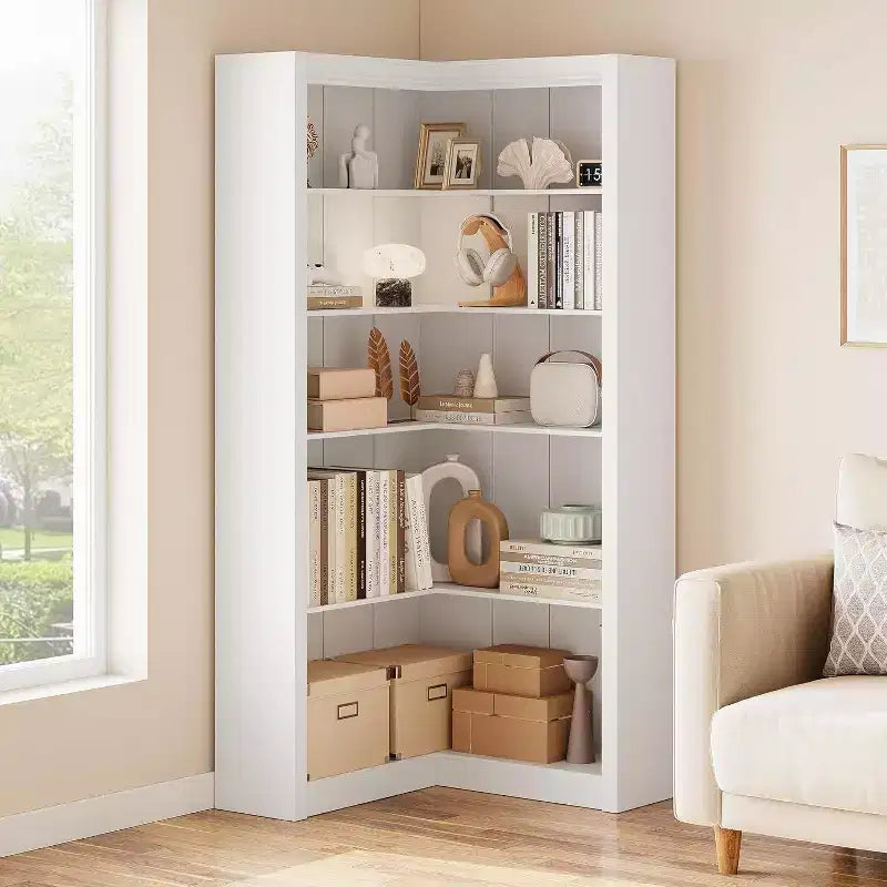 Acekool Corner Bookshelf, 71.8 Tall L-Shaped 5-Tier Bookcase, Farmhouse Display Shelf, Large Heavy Duty Storage for Living Room, Office