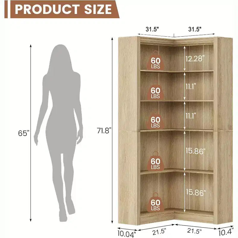 Acekool Corner Bookshelf, 71.8 Tall L-Shaped 5-Tier Bookcase, Farmhouse Display Shelf, Large Heavy Duty Storage for Living Room, Office