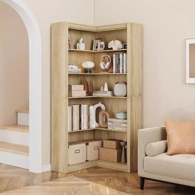 Acekool Corner Bookshelf, 71.8 Tall L-Shaped 5-Tier Bookcase, Farmhouse Display Shelf, Large Heavy Duty Storage for Living Room, Office