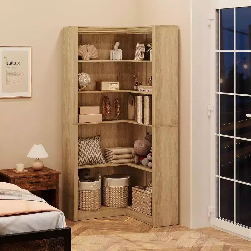 Acekool Corner Bookshelf, 71.8 Tall L-Shaped 5-Tier Bookcase, Farmhouse Display Shelf, Large Heavy Duty Storage for Living Room, Office