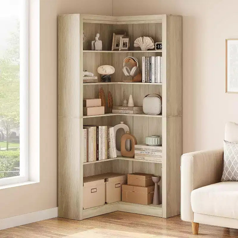 Acekool Corner Bookshelf, 71.8 Tall L-Shaped 5-Tier Bookcase, Farmhouse Display Shelf, Large Heavy Duty Storage for Living Room, Office