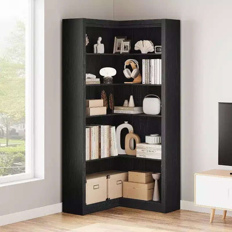 Acekool Corner Bookshelf, 71.8 Tall L-Shaped 5-Tier Bookcase, Farmhouse Display Shelf, Large Heavy Duty Storage for Living Room, Office
