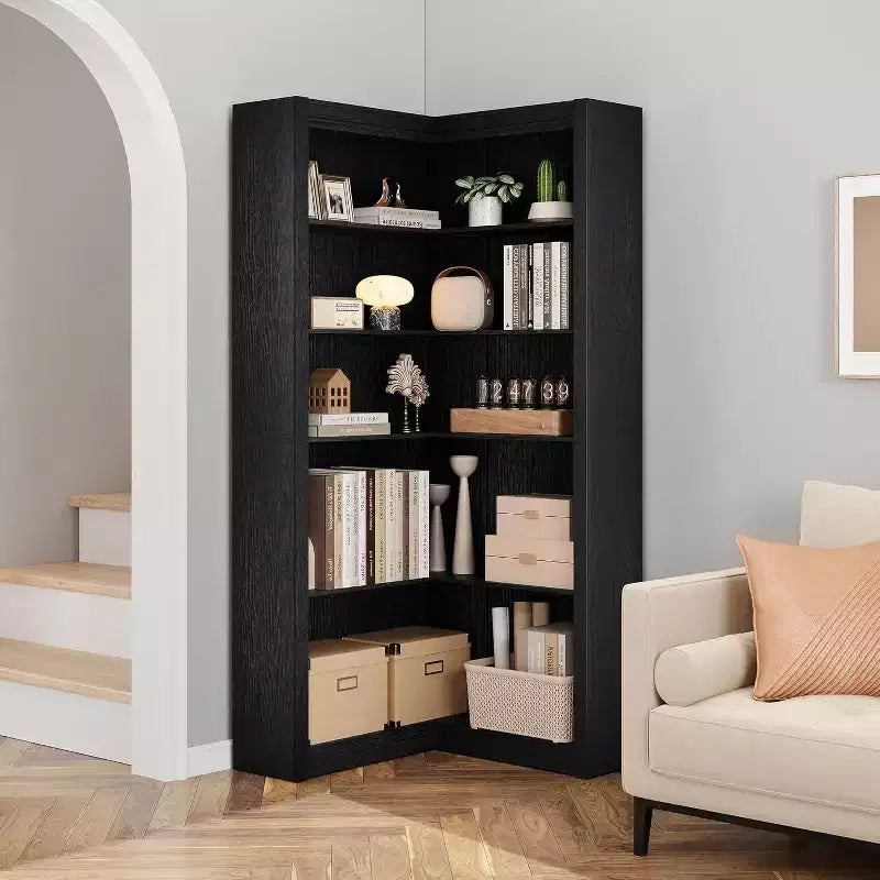 Acekool Corner Bookshelf, 71.8 Tall L-Shaped 5-Tier Bookcase, Farmhouse Display Shelf, Large Heavy Duty Storage for Living Room, Office
