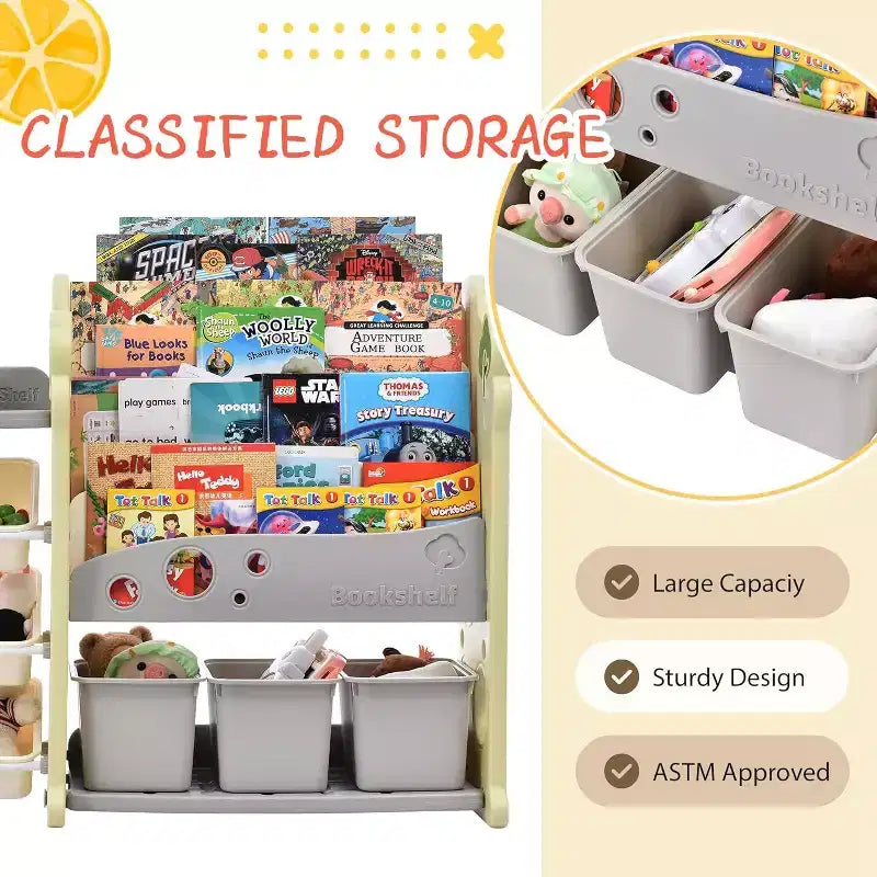 Acekool Kids Toy Storage Organizer with 17 Bins, 5-Tier Bookshelf, Pull-Out Drawers, Playroom & Bedroom Storage, Tree Design