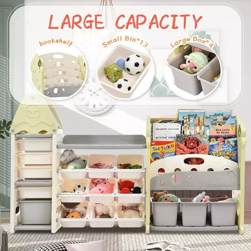 Acekool Kids Toy Storage Organizer with 17 Bins, 5-Tier Bookshelf, Pull-Out Drawers, Playroom & Bedroom Storage, Tree Design