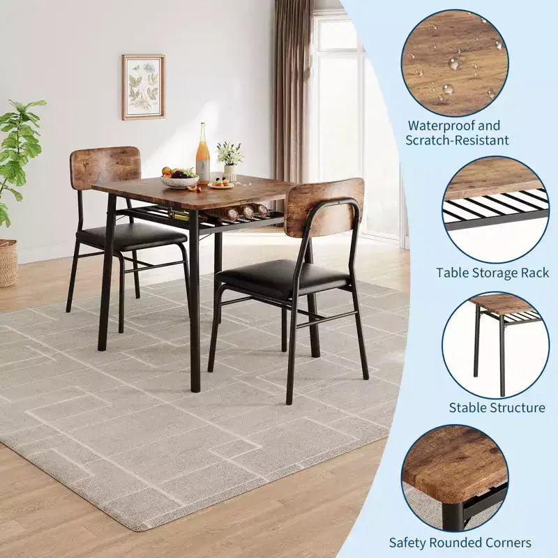 Ensemble de salle à manger 3 pièces, avec étagère de rangement et cadre en métal
