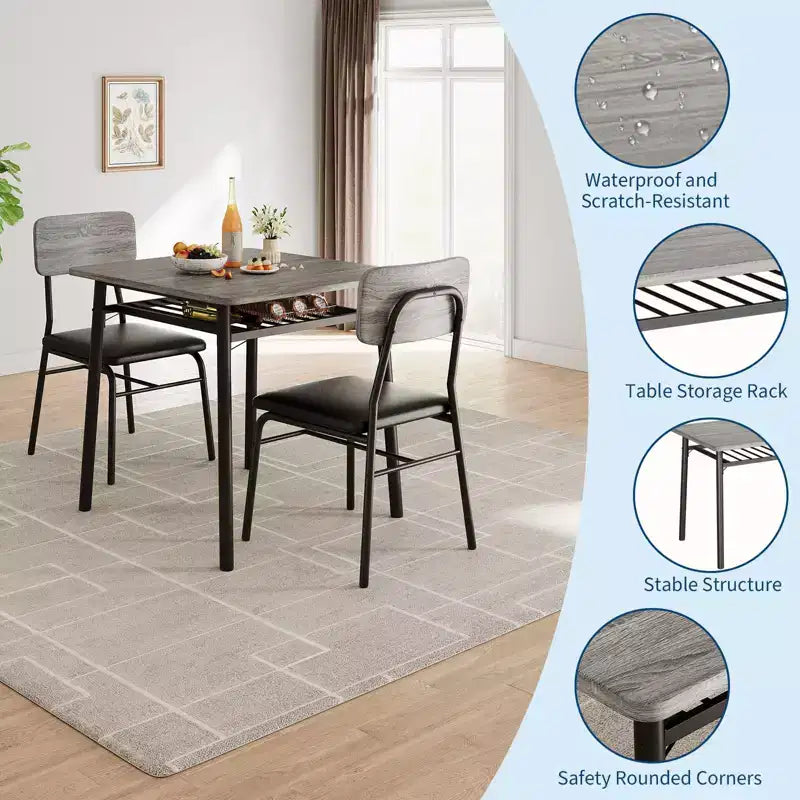 Ensemble de salle à manger 3 pièces, avec étagère de rangement et cadre en métal