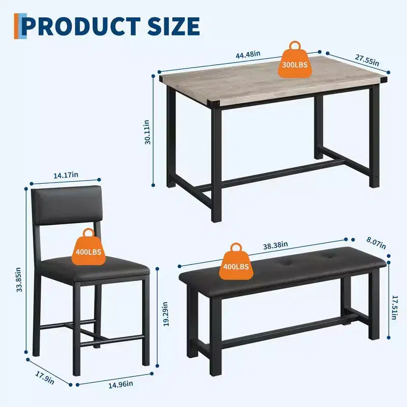 3 pcs Dining Table Set , with 2 Upholstered Chairs and Bench