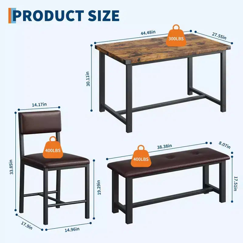 3 pcs Dining Table Set , with 2 Upholstered Chairs and Bench