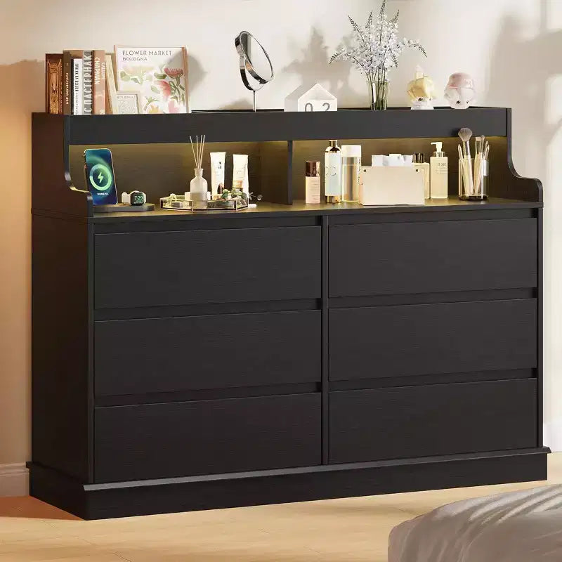 Acekool 6 Drawer Dresser with Power Station, Modern Wide Chest with Storage Shelf, Bedroom Organizer for Living Room, Hallway