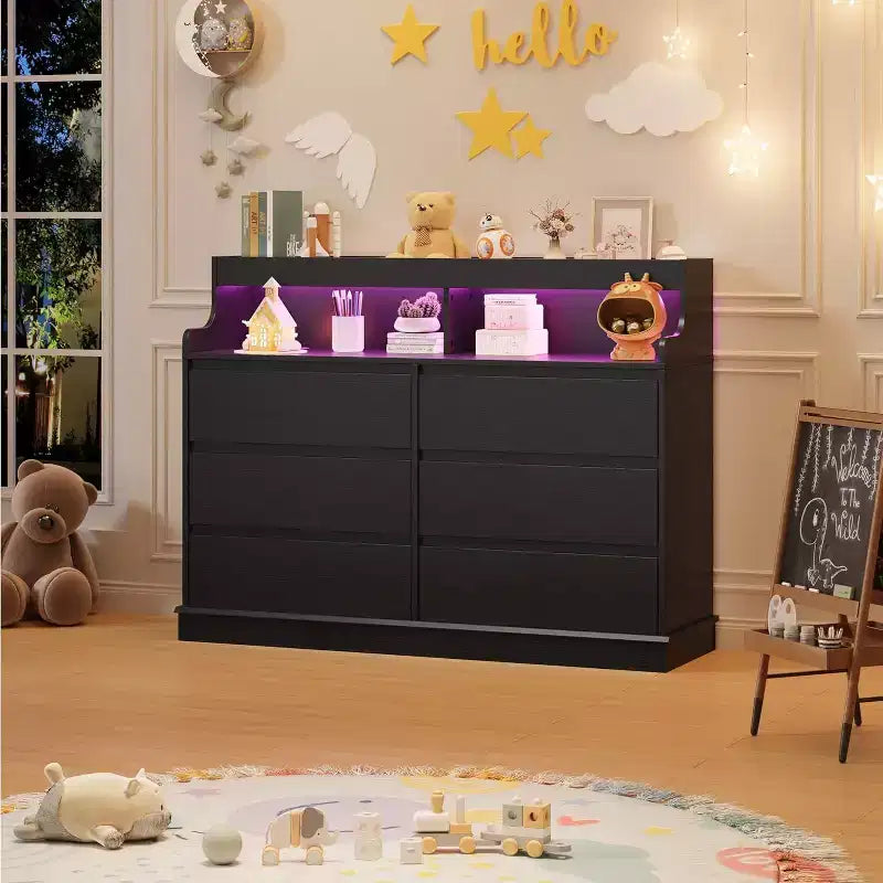 Acekool 6 Drawer Dresser with Power Station, Modern Wide Chest with Storage Shelf, Bedroom Organizer for Living Room, Hallway